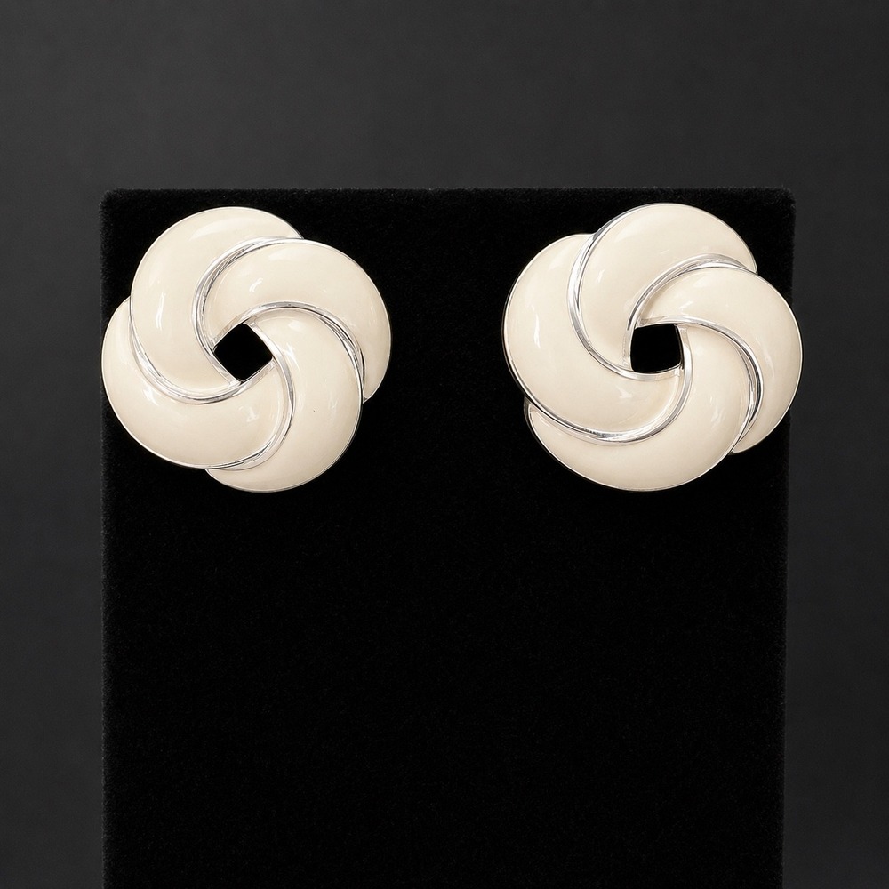 Vintage Cream Enamel Silver‎ Tone Swirl Knot Stud Earrings Large Round 1 Inch
